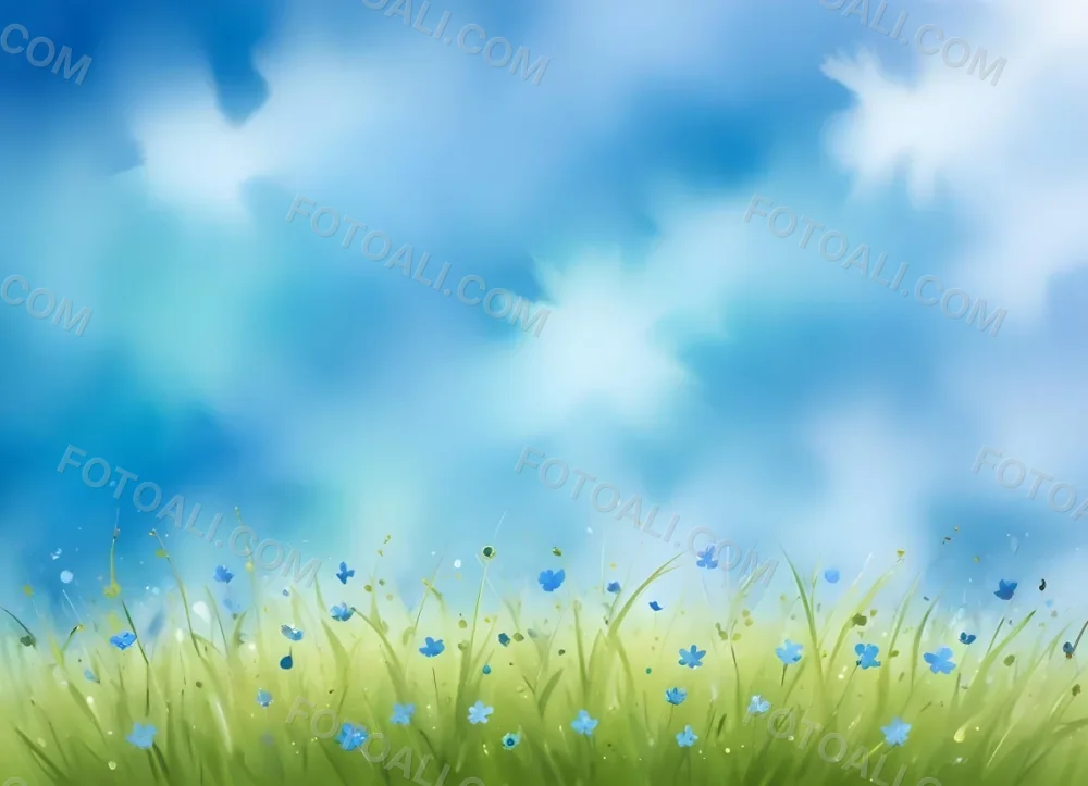 Oil Painting A Green Grass Field With Small Blue Flowers Under A Bright Blue Sky With Bokeh Effect Creating A Fresh And Vibrant Outdoor Scene Creative Extremely Detailed Brush Stroke 47 2d38