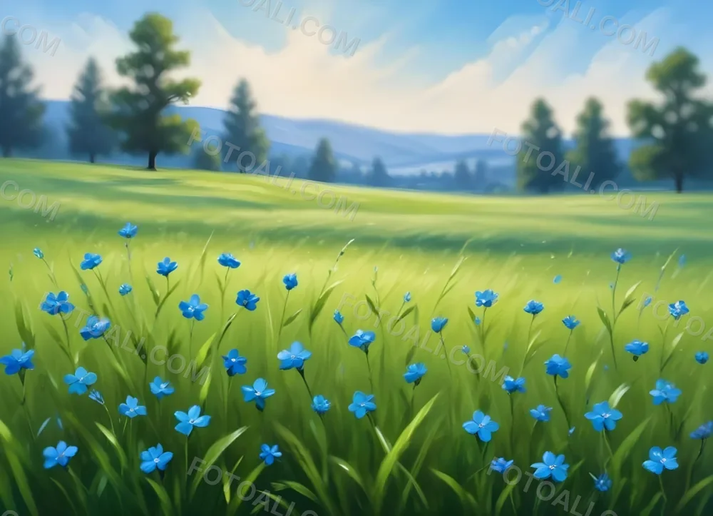 Oil Painting A Green Grass Field With Small Blue Flowers Under A Bright Blue Sky With Bokeh Effect Creating A Fresh And Vibrant Outdoor Scene Creative Extremely Detailed Brush Stroke 50 0c4b