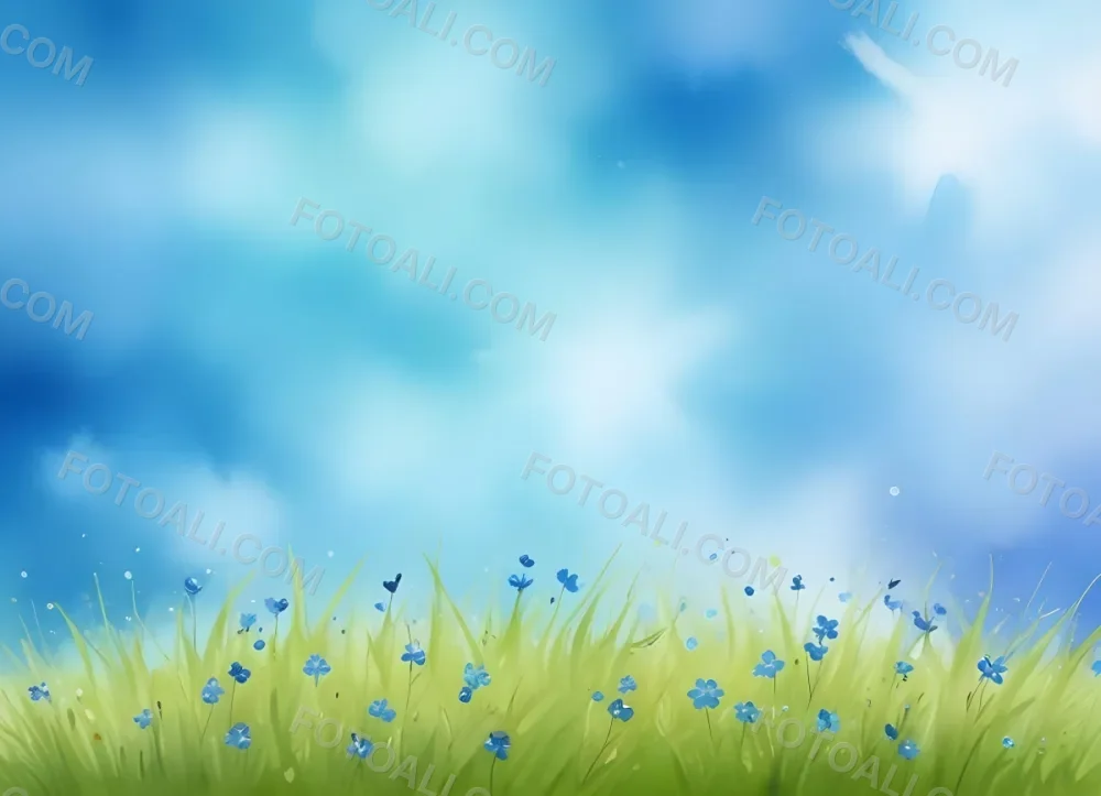 Oil Painting A Green Grass Field With Small Blue Flowers Under A Bright Blue Sky With Bokeh Effect Creating A Fresh And Vibrant Outdoor Scene Creative Extremely Detailed Brush Stroke 6 19a8