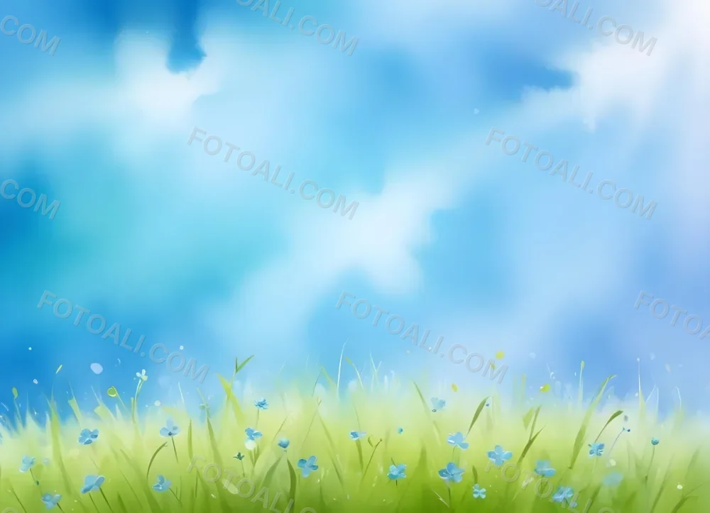 Oil Painting A Green Grass Field With Small Blue Flowers Under A Bright Blue Sky With Bokeh Effect Creating A Fresh And Vibrant Outdoor Scene Creative Extremely Detailed Brush Stroke 69 A828