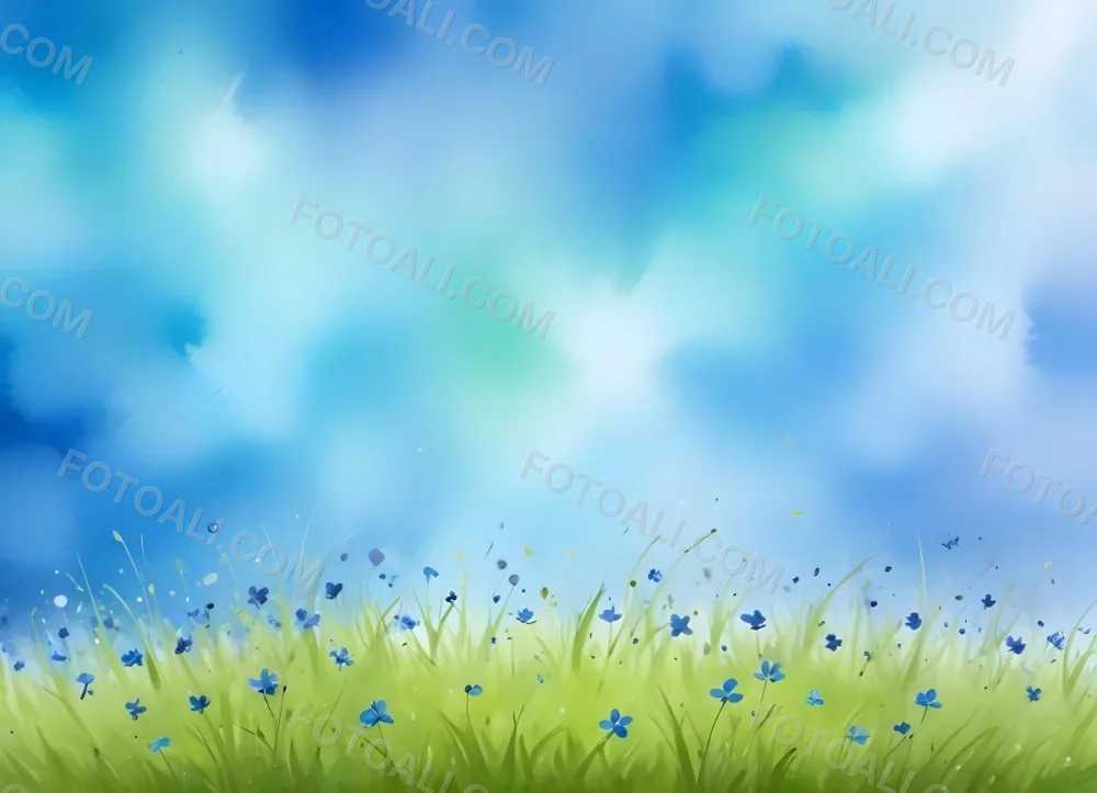 Oil Painting A Green Grass Field With Small Blue Flowers Under A Bright Blue Sky With Bokeh Effect Creating A Fresh And Vibrant Outdoor Scene Creative Extremely Detailed Brush Stroke 71 A027