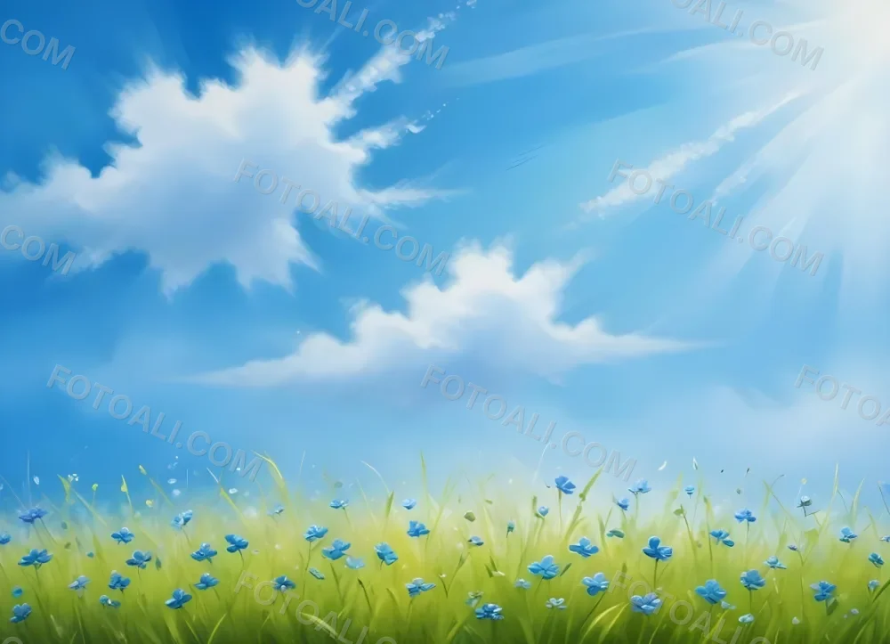 Oil Painting A Green Grass Field With Small Blue Flowers Under A Bright Blue Sky With Bokeh Effect Creating A Fresh And Vibrant Outdoor Scene Creative Extremely Detailed Brush Stroke 74 0d4f