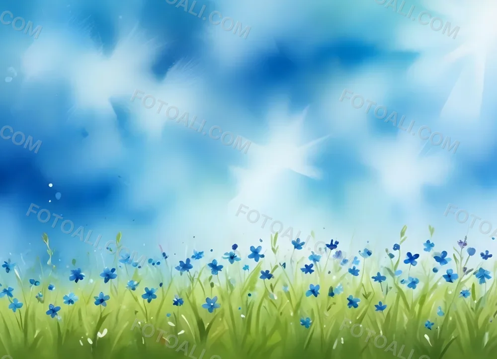 Oil Painting A Green Grass Field With Small Blue Flowers Under A Bright Blue Sky With Bokeh Effect Creating A Fresh And Vibrant Outdoor Scene Creative Extremely Detailed Brush Stroke 9 3287