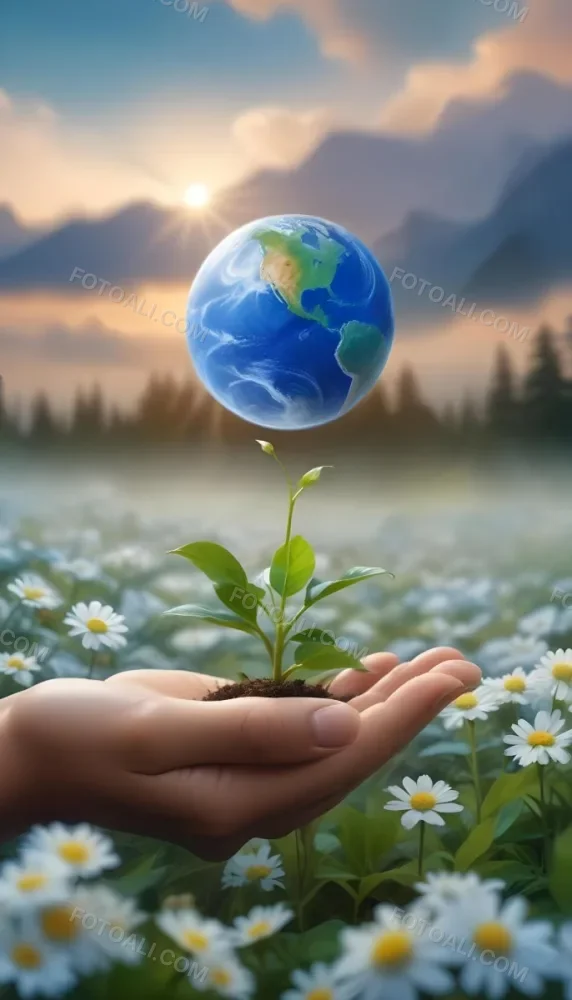 Oil Painting A Human Hand Holding A Small Plant Growing Out Of The Ground With The Earth Globe Floating Above It Against A Blurred Background Of Green Plants And White Flowers Creative Extremely Detailed Brush 1 F9b7
