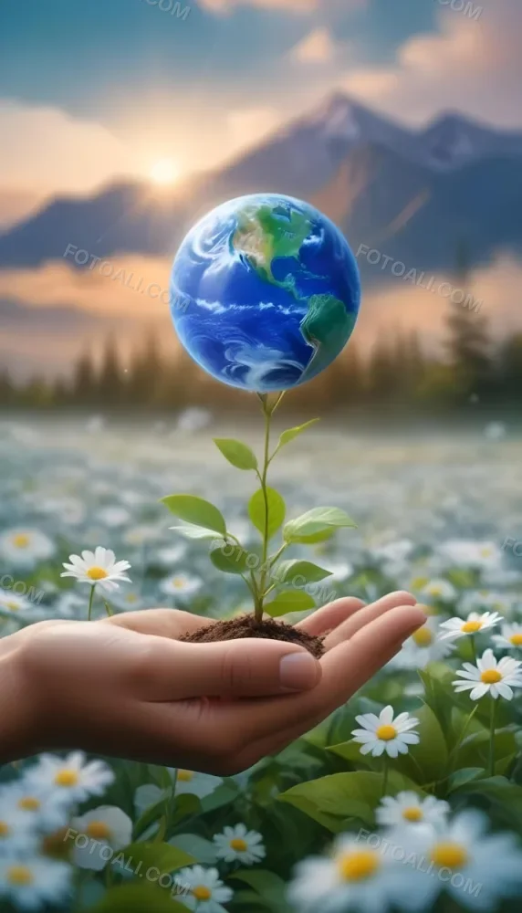 Oil Painting A Human Hand Holding A Small Plant Growing Out Of The Ground With The Earth Globe Floating Above It Against A Blurred Background Of Green Plants And White Flowers Creative Extremely Detailed Brush 3 249d