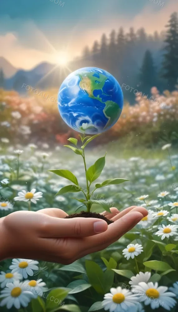 Oil Painting A Human Hand Holding A Small Plant Growing Out Of The Ground With The Earth Globe Floating Above It Against A Blurred Background Of Green Plants And White Flowers Creative Extremely Detailed Brush 4 7bba