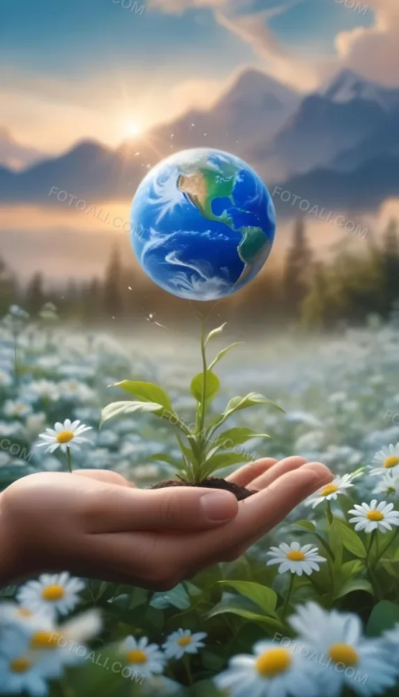 Oil Painting A Human Hand Holding A Small Plant Growing Out Of The Ground With The Earth Globe Floating Above It Against A Blurred Background Of Green Plants And White Flowers Creative Extremely Detailed Brush 5 4eea