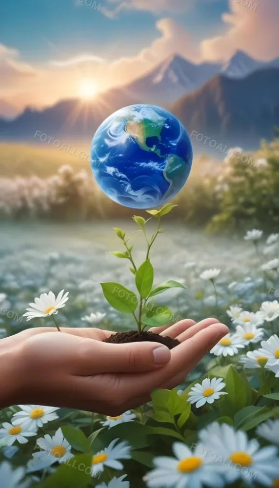 Oil Painting A Human Hand Holding A Small Plant Growing Out Of The Ground With The Earth Globe Floating Above It Against A Blurred Background Of Green Plants And White Flowers Creative Extremely Detailed Brush 6 928e