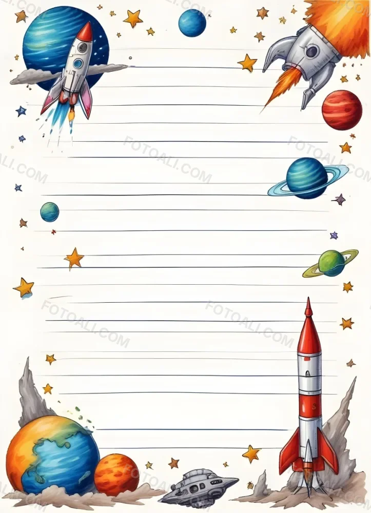 Oil Painting A Sheet Of Lined Paper With Space Themed Cartoon Drawings Of A Rocket A Spaceship A Planet An Asteroid And Stars Creative Extremely Detailed Brush Stroke 11 2545