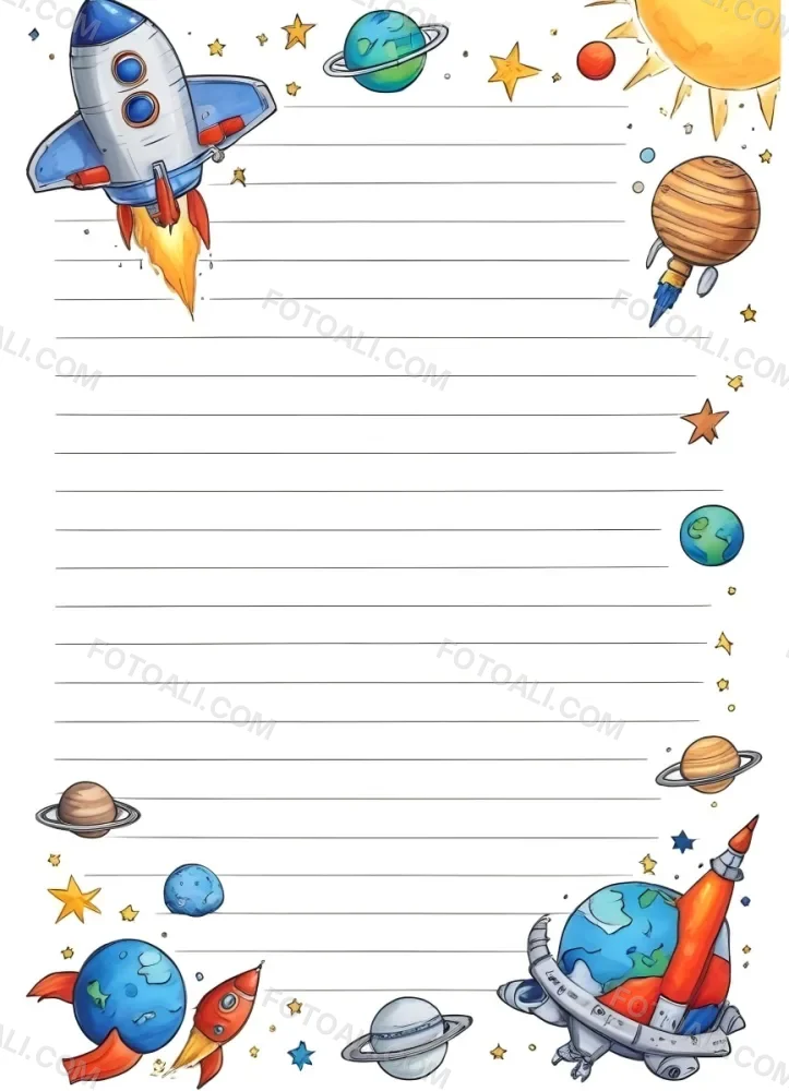 Oil Painting A Sheet Of Lined Paper With Space Themed Cartoon Drawings Of A Rocket A Spaceship A Planet An Asteroid And Stars Creative Extremely Detailed Brush Stroke 17 C031