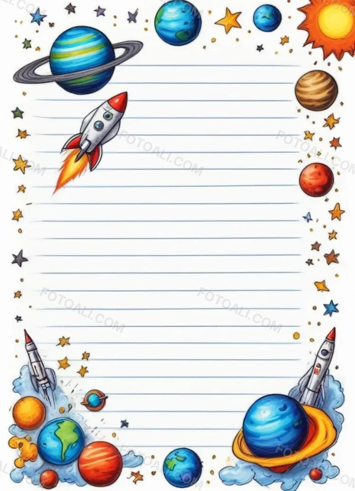 Oil Painting A Sheet Of Lined Paper With Space Themed Cartoon Drawings Of A Rocket A Spaceship A Planet An Asteroid And Stars Creative Extremely Detailed Brush Stroke 21 6156