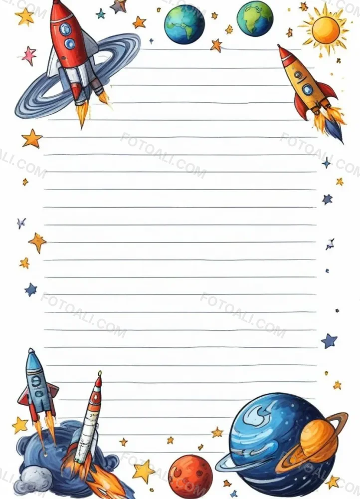 Oil Painting A Sheet Of Lined Paper With Space Themed Cartoon Drawings Of A Rocket A Spaceship A Planet An Asteroid And Stars Creative Extremely Detailed Brush Stroke 22 A7fa