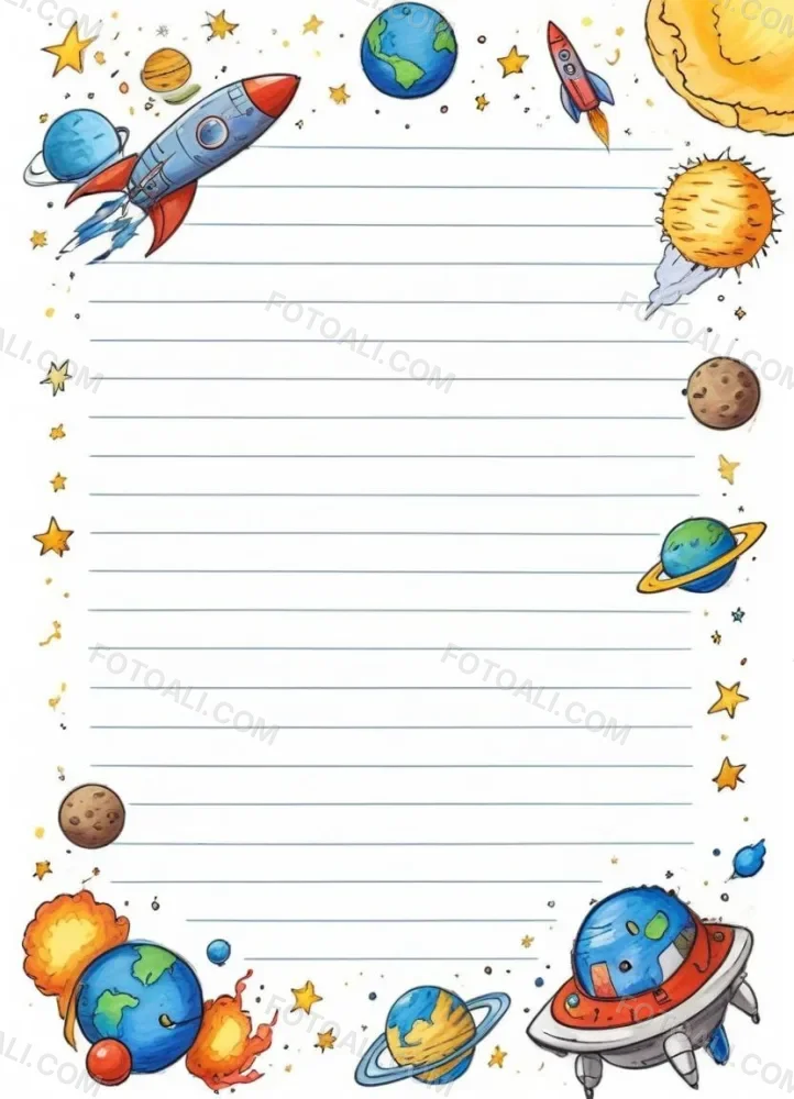 Oil Painting A Sheet Of Lined Paper With Space Themed Cartoon Drawings Of A Rocket A Spaceship A Planet An Asteroid And Stars Creative Extremely Detailed Brush Stroke 23 E4d5