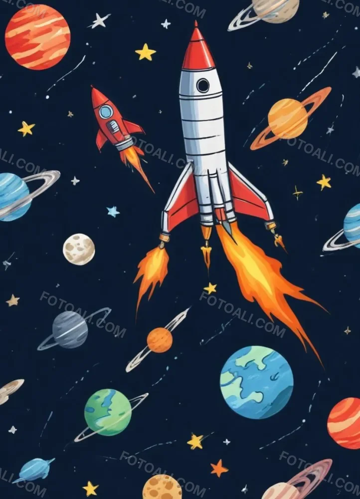 Oil Painting A Sheet Of Lined Paper With Space Themed Cartoon Drawings Of A Rocket A Spaceship A Planet An Asteroid And Stars Creative Extremely Detailed Brush Stroke 28 C9dc