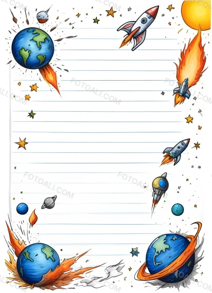 Oil Painting A Sheet Of Lined Paper With Space Themed Cartoon Drawings Of A Rocket A Spaceship A Planet An Asteroid And Stars Creative Extremely Detailed Brush Stroke 3 D562