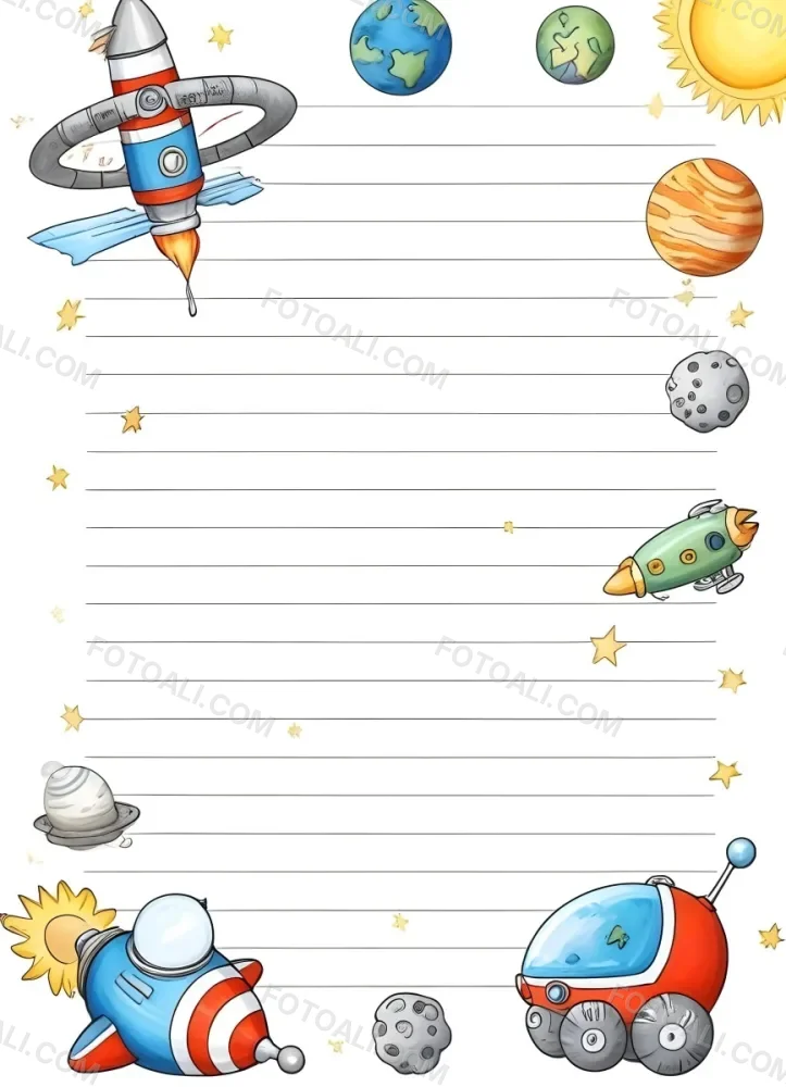 Oil Painting A Sheet Of Lined Paper With Space Themed Cartoon Drawings Of A Rocket A Spaceship A Planet An Asteroid And Stars Creative Extremely Detailed Brush Stroke 38 B483