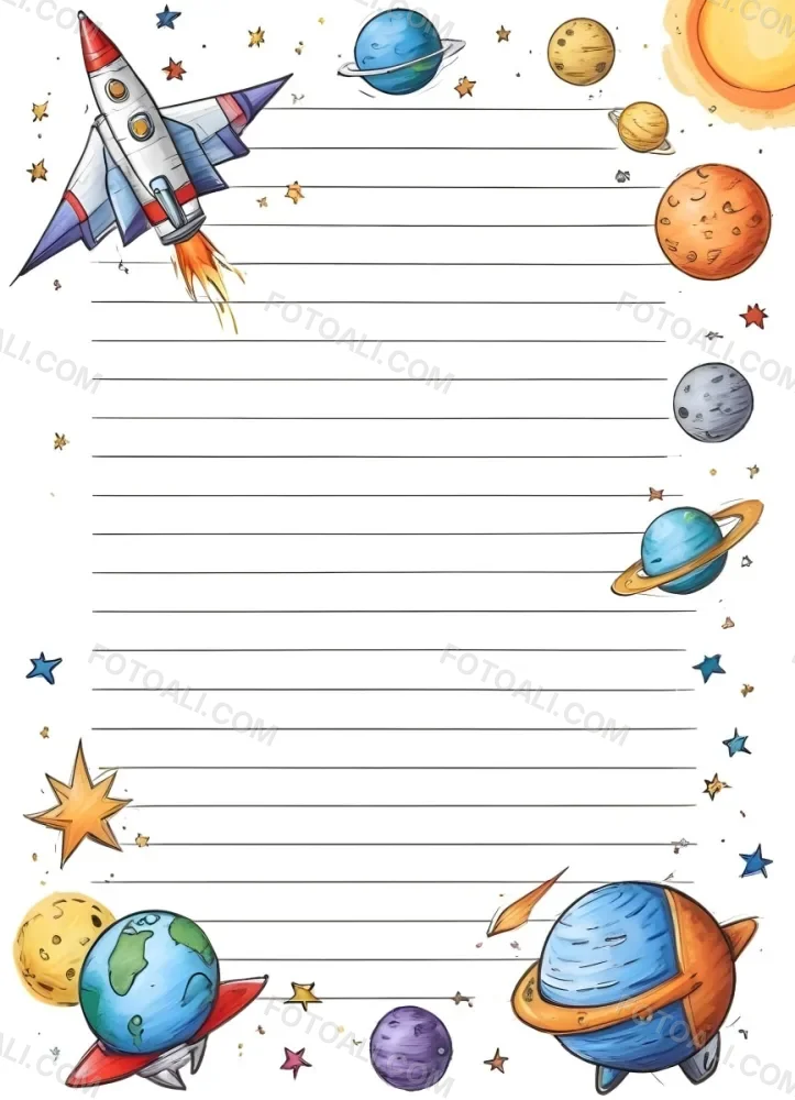 Oil Painting A Sheet Of Lined Paper With Space Themed Cartoon Drawings Of A Rocket A Spaceship A Planet An Asteroid And Stars Creative Extremely Detailed Brush Stroke 40 02a3