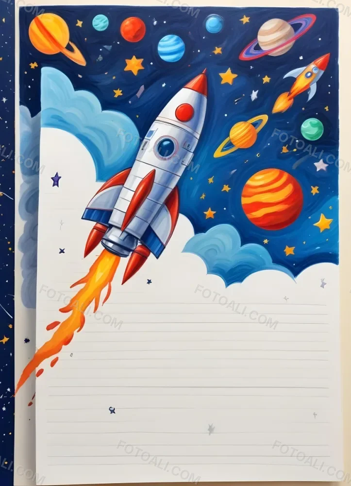 Oil Painting A Sheet Of Lined Paper With Space Themed Cartoon Drawings Of A Rocket A Spaceship A Planet An Asteroid And Stars Creative Extremely Detailed Brush Stroke 6 Cfda