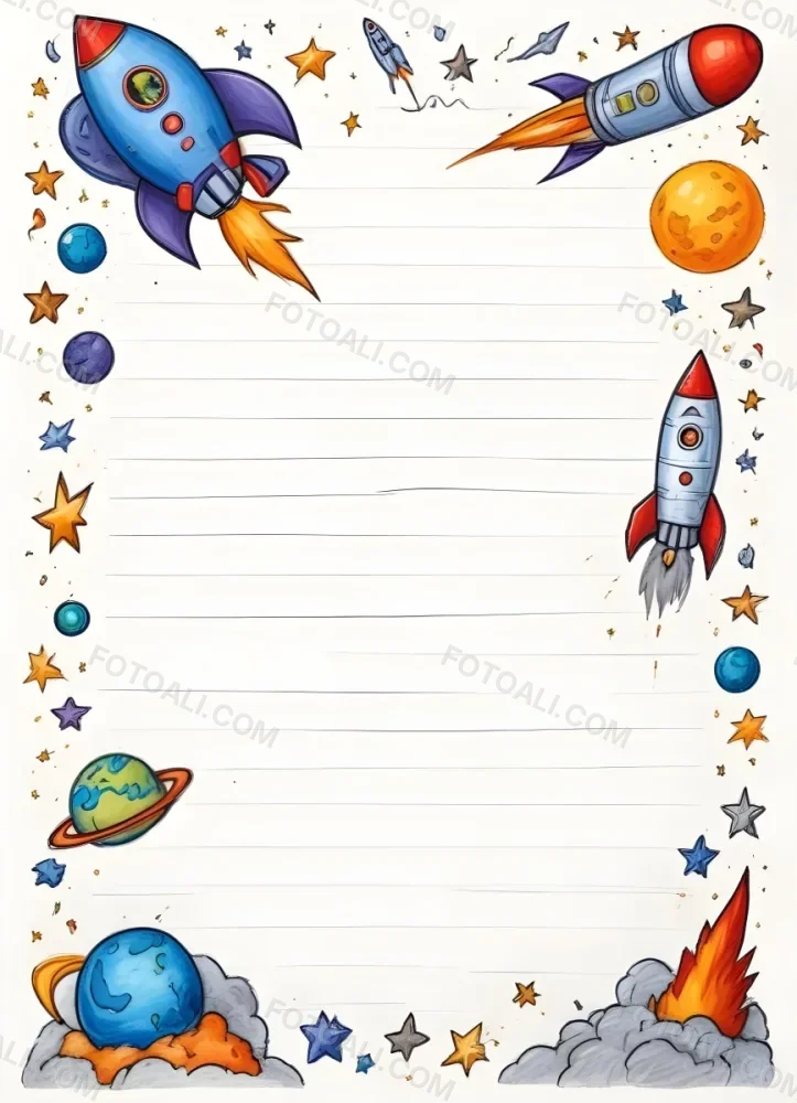 Oil Painting A Sheet Of Lined Paper With Space Themed Cartoon Drawings Of A Rocket A Spaceship A Planet An Asteroid And Stars Creative Extremely Detailed Brush Stroke 7 Ac23