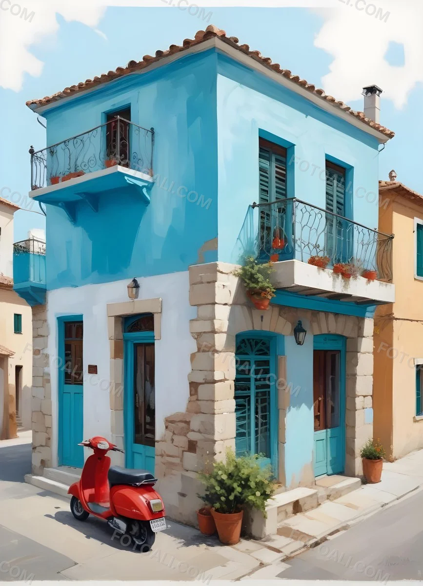 Oil Painting A Two Story Building With A Turquoise Balcony And A Red Scooter Parked In Front In A Mediterranean Town Creative Extremely Detailed Brush Stroke 10 E02c