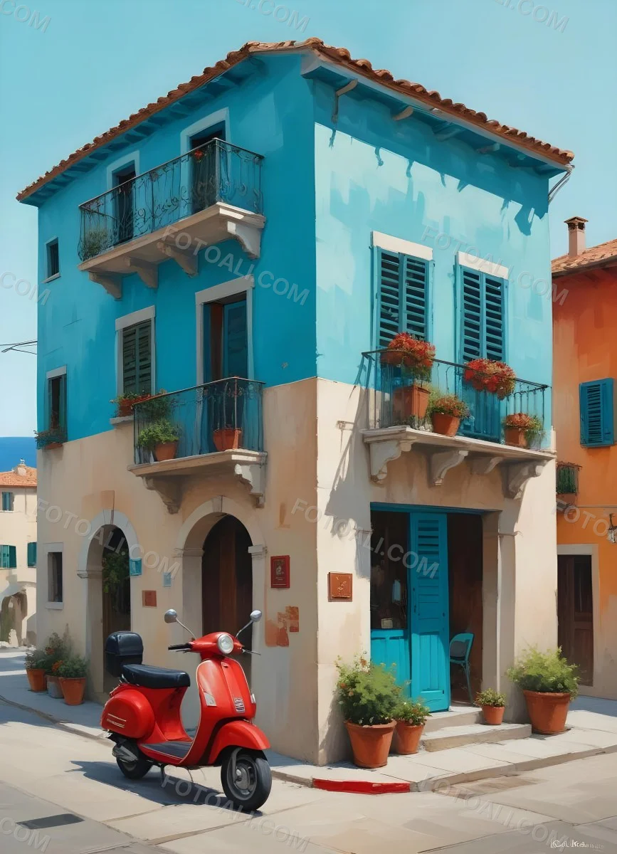 Oil Painting A Two Story Building With A Turquoise Balcony And A Red Scooter Parked In Front In A Mediterranean Town Creative Extremely Detailed Brush Stroke 11 3ee7