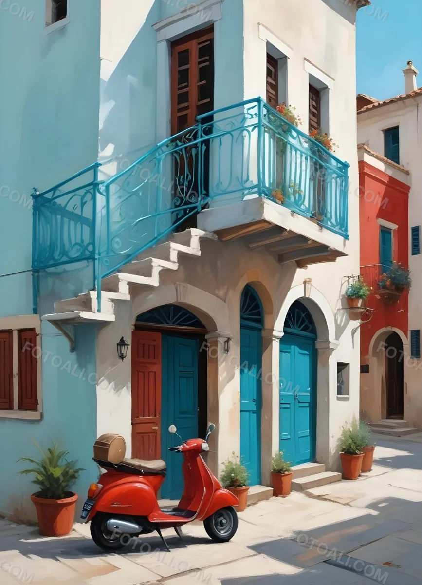Oil Painting A Two Story Building With A Turquoise Balcony And A Red Scooter Parked In Front In A Mediterranean Town Creative Extremely Detailed Brush Stroke 12 A1cc