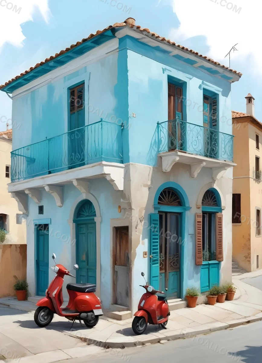 Oil Painting A Two Story Building With A Turquoise Balcony And A Red Scooter Parked In Front In A Mediterranean Town Creative Extremely Detailed Brush Stroke 16 D449