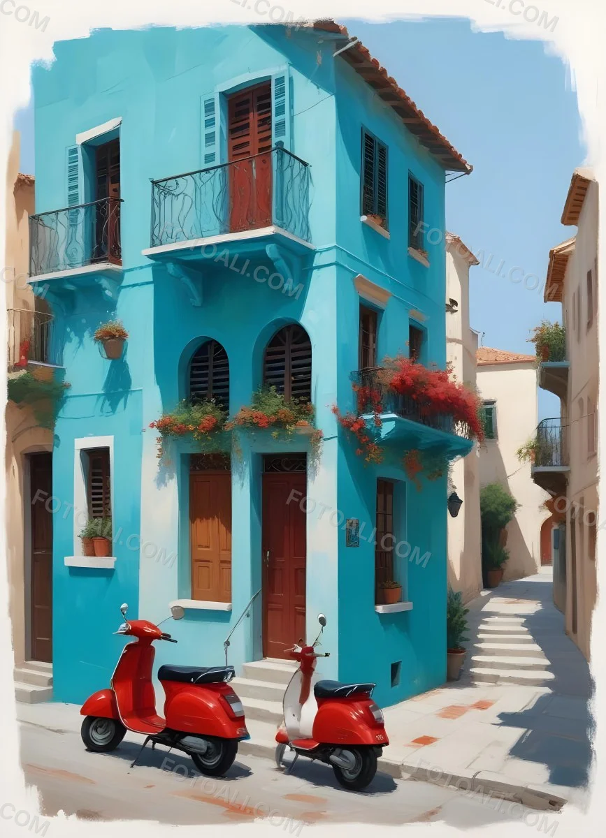 Oil Painting A Two Story Building With A Turquoise Balcony And A Red Scooter Parked In Front In A Mediterranean Town Creative Extremely Detailed Brush Stroke 17 0db8