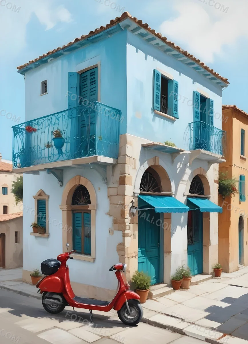 Oil Painting A Two Story Building With A Turquoise Balcony And A Red Scooter Parked In Front In A Mediterranean Town Creative Extremely Detailed Brush Stroke 18 52ac