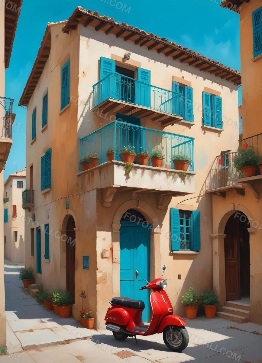 Oil Painting A Two Story Building With A Turquoise Balcony And A Red Scooter Parked In Front In A Mediterranean Town Creative Extremely Detailed Brush Stroke 20 4e72