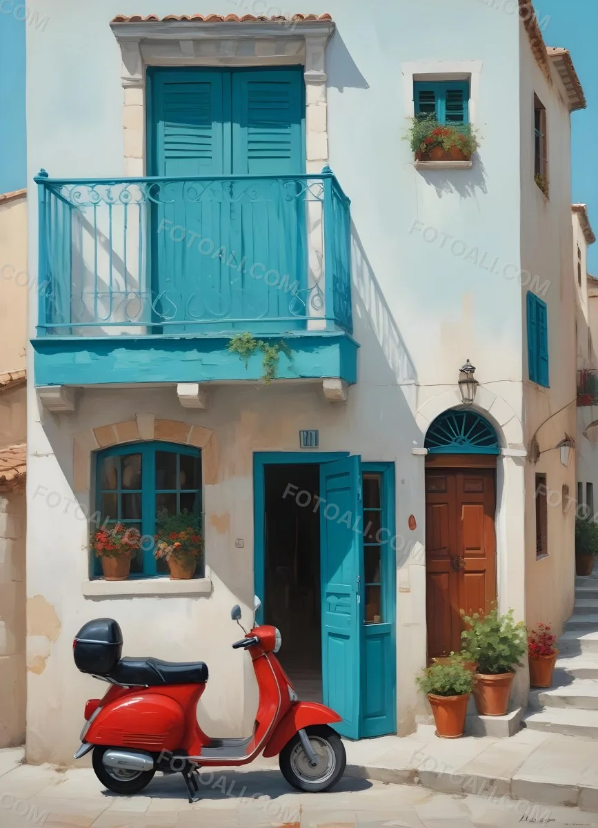 Oil Painting A Two Story Building With A Turquoise Balcony And A Red Scooter Parked In Front In A Mediterranean Town Creative Extremely Detailed Brush Stroke 22 A8cf