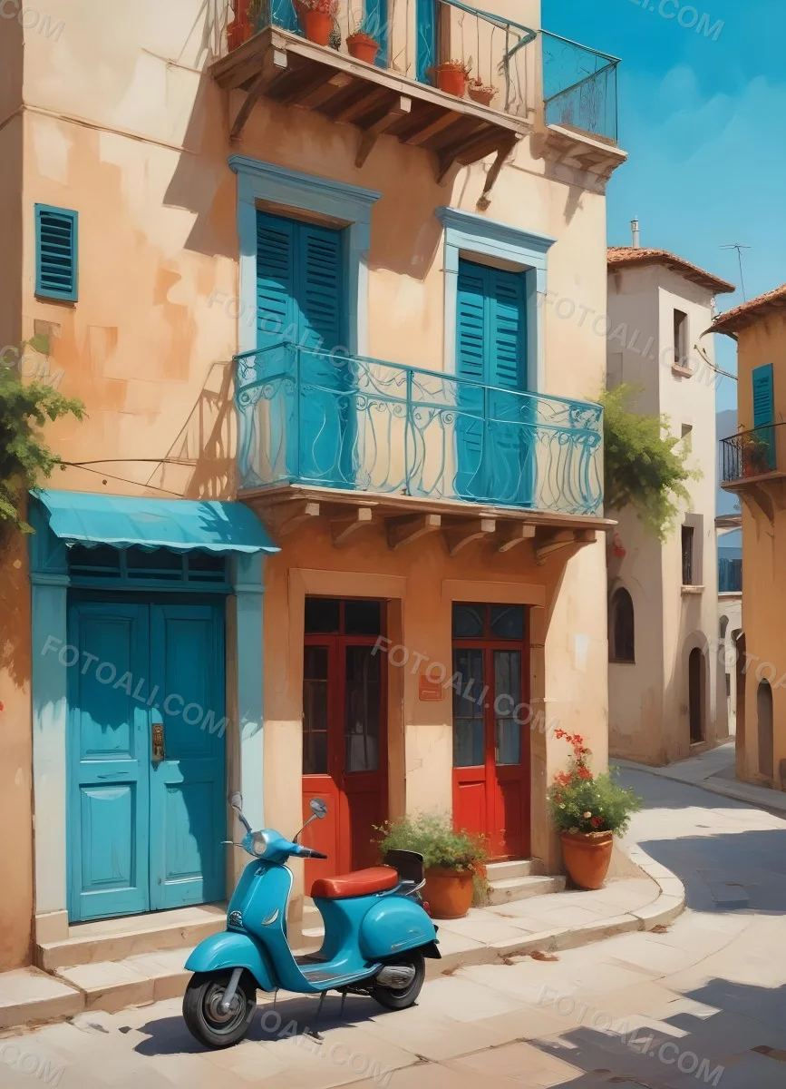 Oil Painting A Two Story Building With A Turquoise Balcony And A Red Scooter Parked In Front In A Mediterranean Town Creative Extremely Detailed Brush Stroke 7 7139