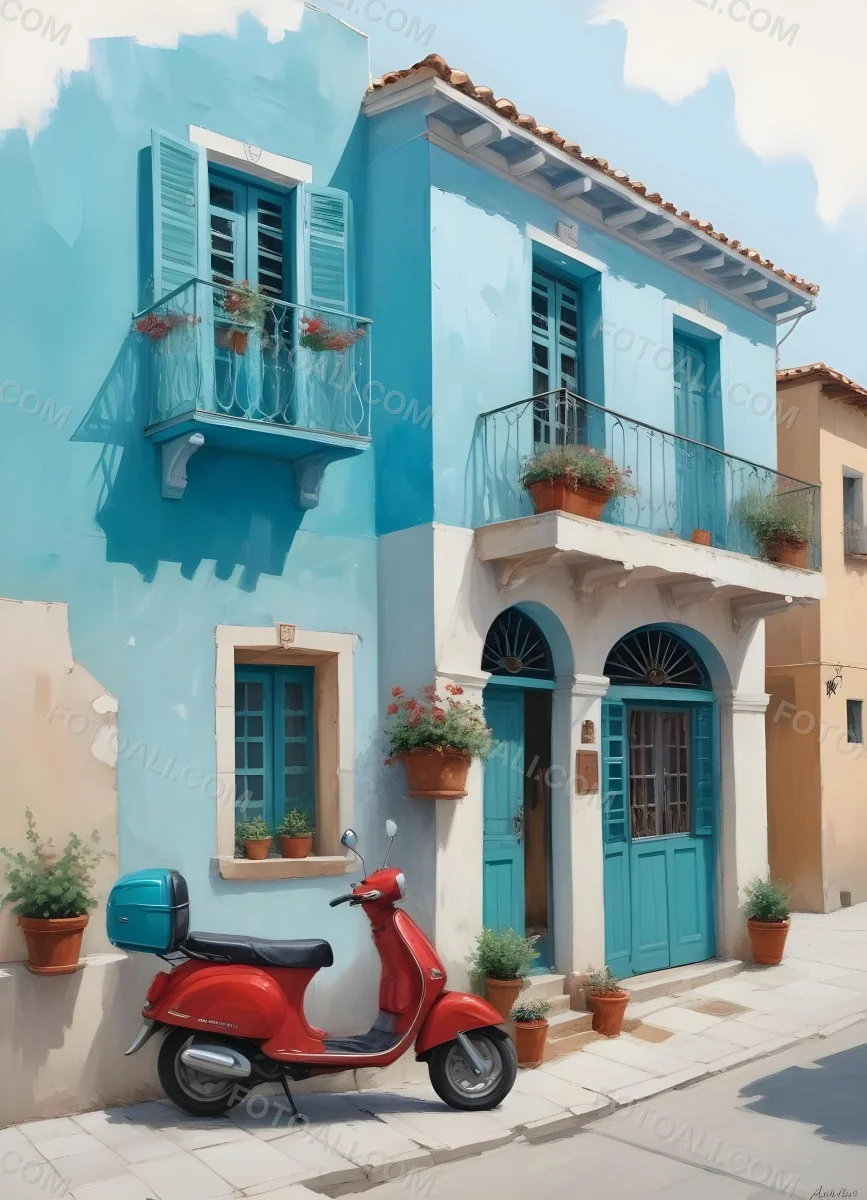 Oil Painting A Two Story Building With A Turquoise Balcony And A Red Scooter Parked In Front In A Mediterranean Town Creative Extremely Detailed Brush Stroke 8 B3bc