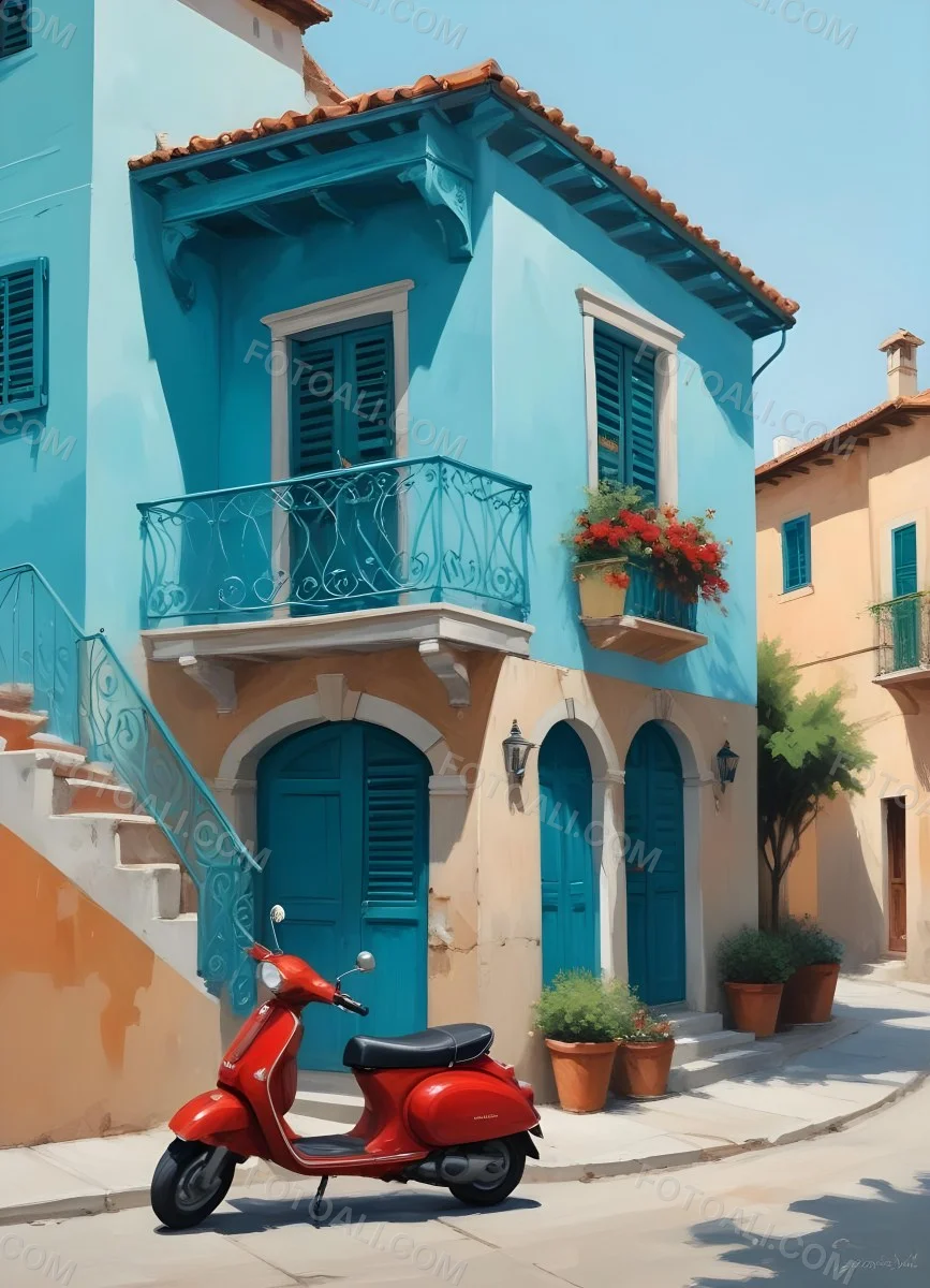Oil Painting A Two Story Building With A Turquoise Balcony And A Red Scooter Parked In Front In A Mediterranean Town Creative Extremely Detailed Brush Stroke 9 8c50