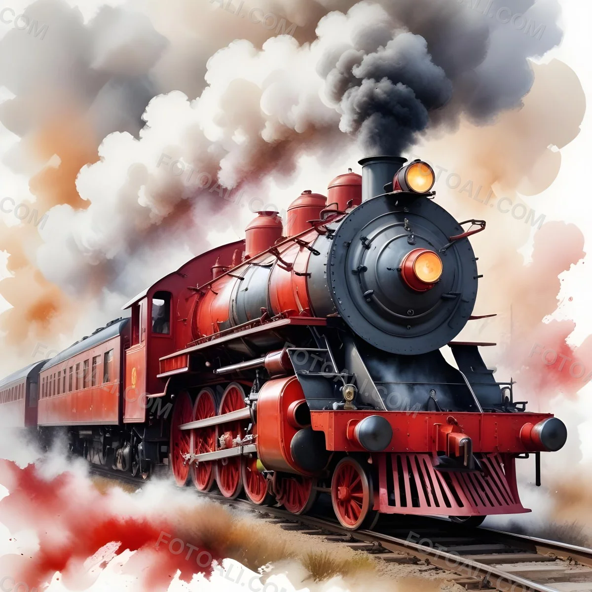 Oil Painting A Vintage Steam Train With Red Accents Billowing Smoke And Intricate Details Set Against A White Background With Watercolor Style Splashes Creative Extremely Detailed Brush Stroke 14 5b4a