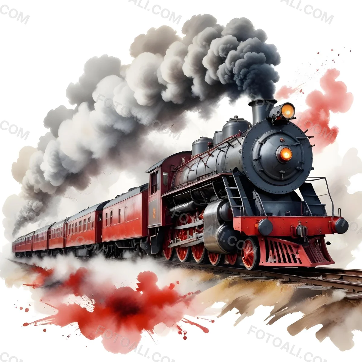 Oil Painting A Vintage Steam Train With Red Accents Billowing Smoke And Intricate Details Set Against A White Background With Watercolor Style Splashes Creative Extremely Detailed Brush Stroke 19 7356