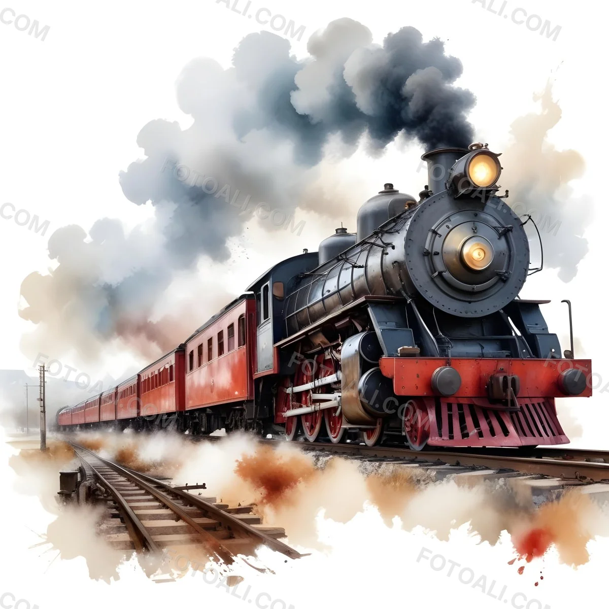 Oil Painting A Vintage Steam Train With Red Accents Billowing Smoke And Intricate Details Set Against A White Background With Watercolor Style Splashes Creative Extremely Detailed Brush Stroke 20 E8b1
