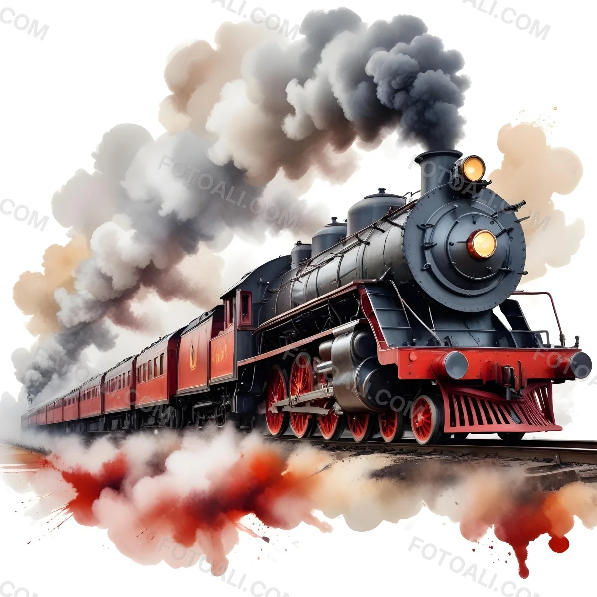 Oil Painting A Vintage Steam Train With Red Accents Billowing Smoke And Intricate Details Set Against A White Background With Watercolor Style Splashes Creative Extremely Detailed Brush Stroke 3 417c