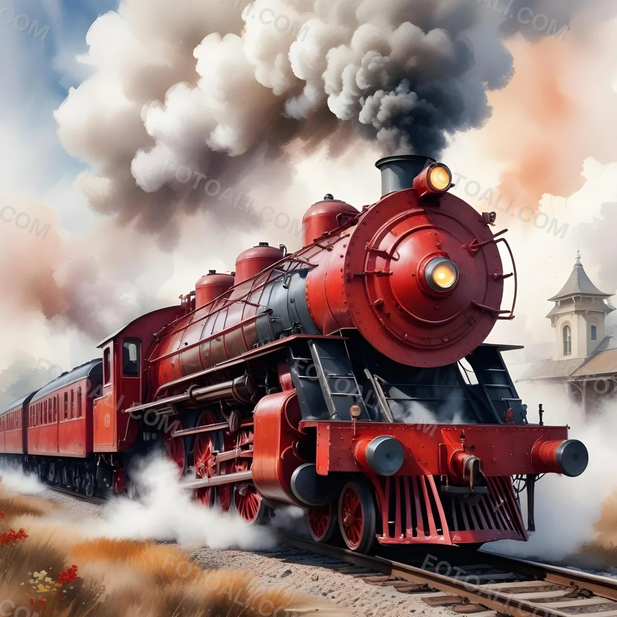 Oil Painting A Vintage Steam Train With Red Accents Billowing Smoke And Intricate Details Set Against A White Background With Watercolor Style Splashes Creative Extremely Detailed Brush Stroke 5 7819