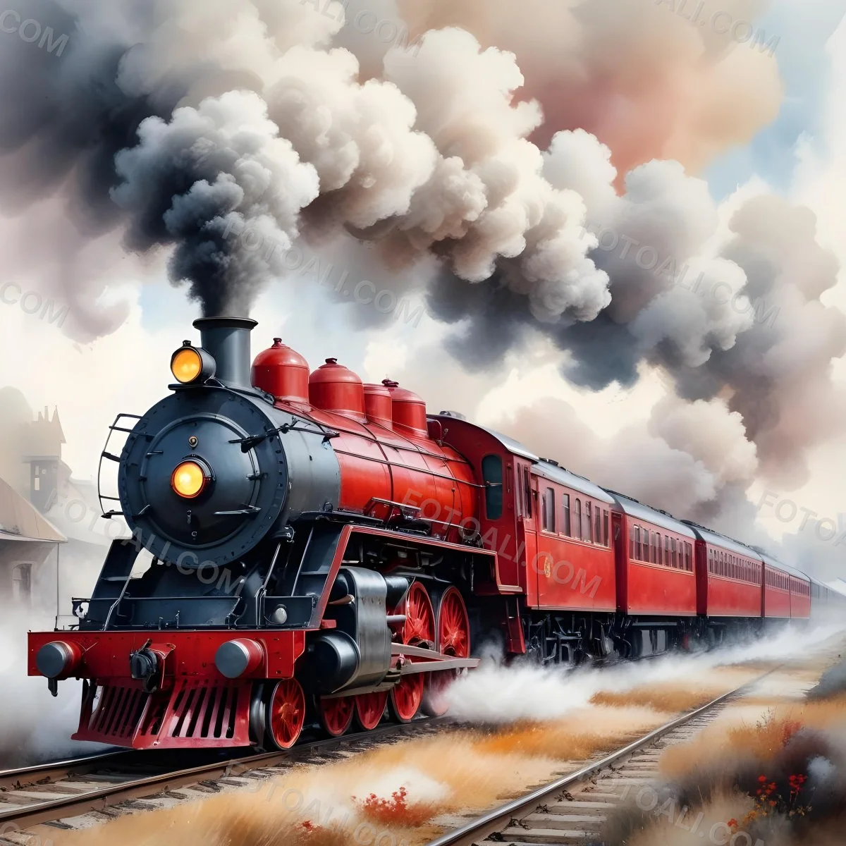 Oil Painting A Vintage Steam Train With Red Accents Billowing Smoke And Intricate Details Set Against A White Background With Watercolor Style Splashes Creative Extremely Detailed Brush Stroke 6 0373