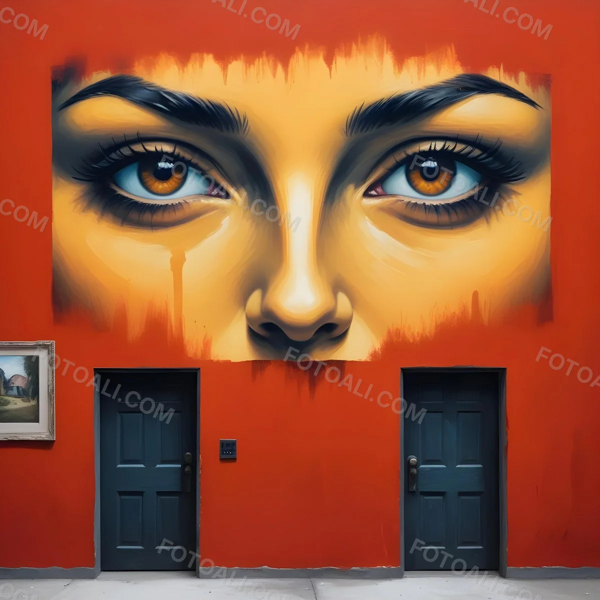 Oil Painting A Wall With A Painting Of A 30 Year Old White Woman With Brown Eyes And Dark Lips Two Doors At The Bottom Of The Wall Creative Extremely Detailed Brush Stroke 10 0ab7