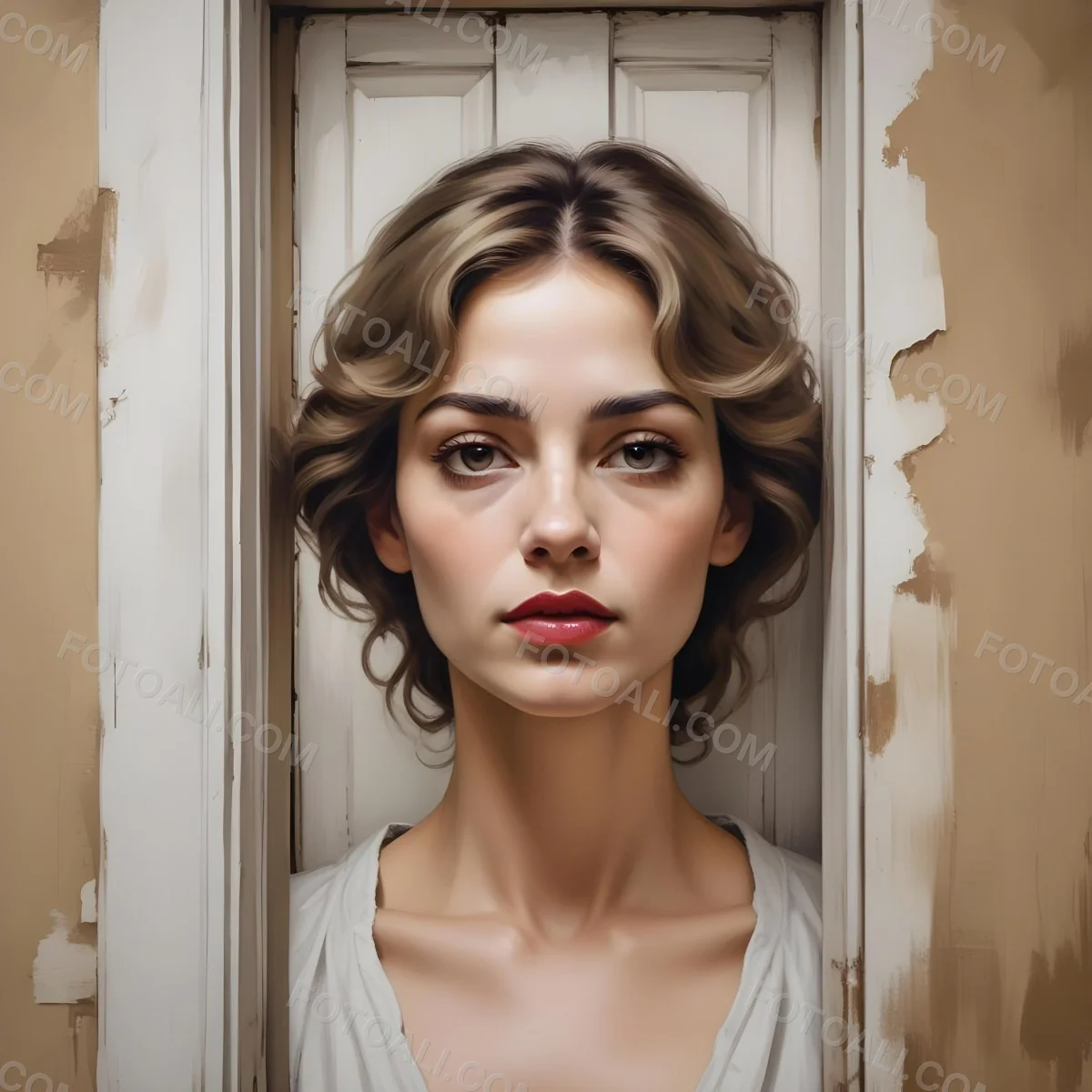 Oil Painting A Wall With A Painting Of A 30 Year Old White Woman With Brown Eyes And Dark Lips Two Doors At The Bottom Of The Wall Creative Extremely Detailed Brush Stroke 16 2b50