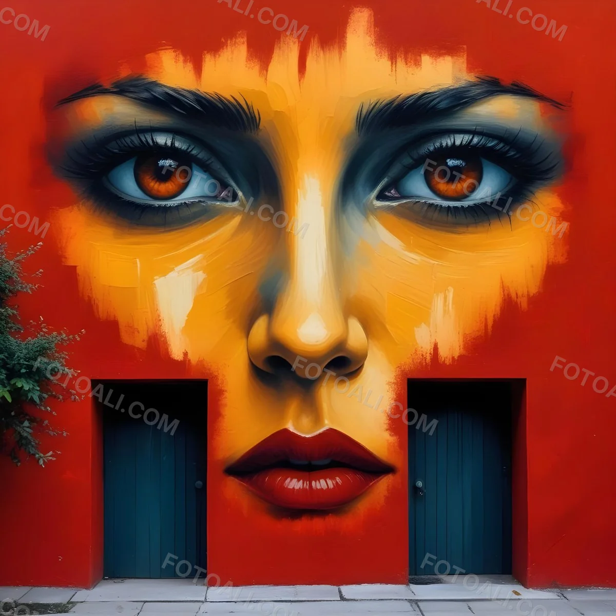 Oil Painting A Wall With A Painting Of A 30 Year Old White Woman With Brown Eyes And Dark Lips Two Doors At The Bottom Of The Wall Creative Extremely Detailed Brush Stroke 17 E584