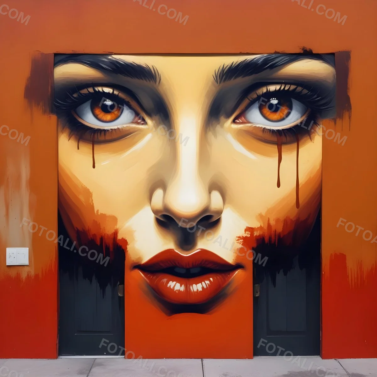 Oil Painting A Wall With A Painting Of A 30 Year Old White Woman With Brown Eyes And Dark Lips Two Doors At The Bottom Of The Wall Creative Extremely Detailed Brush Stroke 2 120c