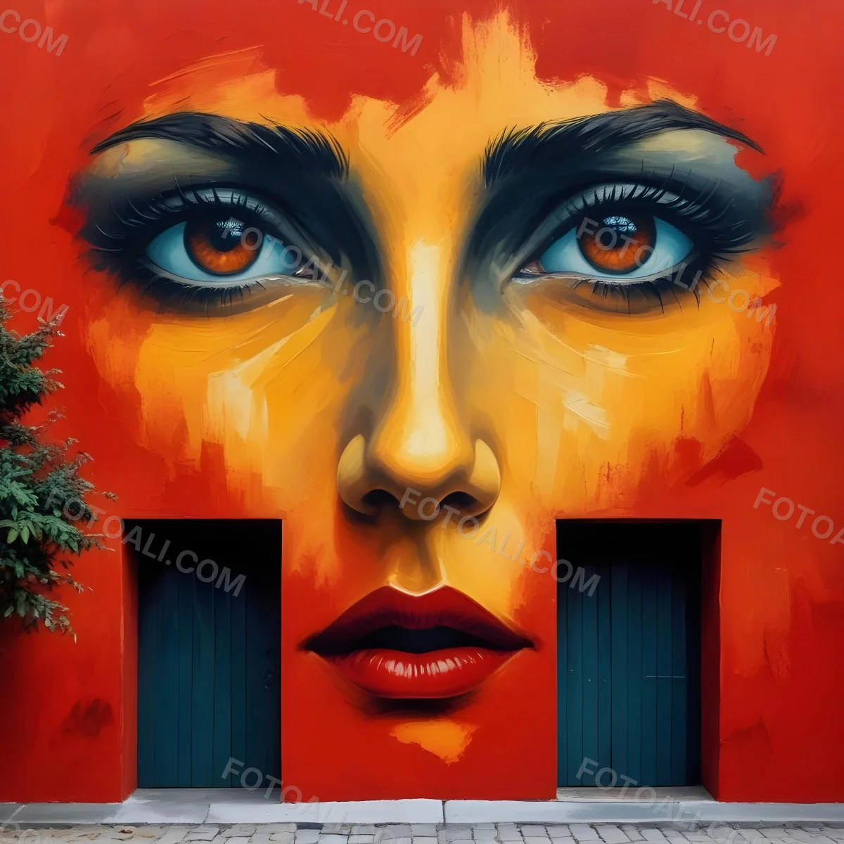 Oil Painting A Wall With A Painting Of A 30 Year Old White Woman With Brown Eyes And Dark Lips Two Doors At The Bottom Of The Wall Creative Extremely Detailed Brush Stroke 21 6d33