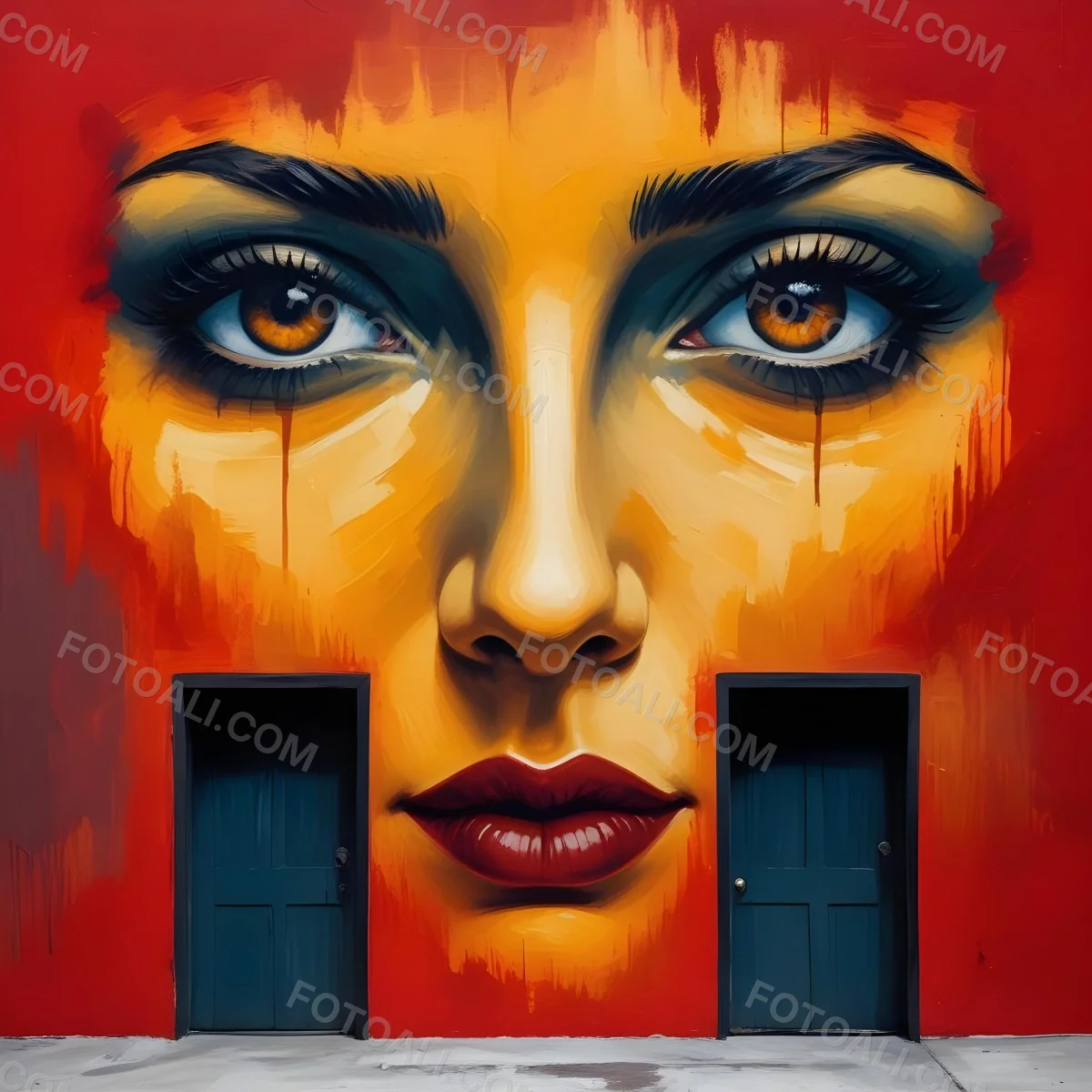 Oil Painting A Wall With A Painting Of A 30 Year Old White Woman With Brown Eyes And Dark Lips Two Doors At The Bottom Of The Wall Creative Extremely Detailed Brush Stroke 22 3a7a