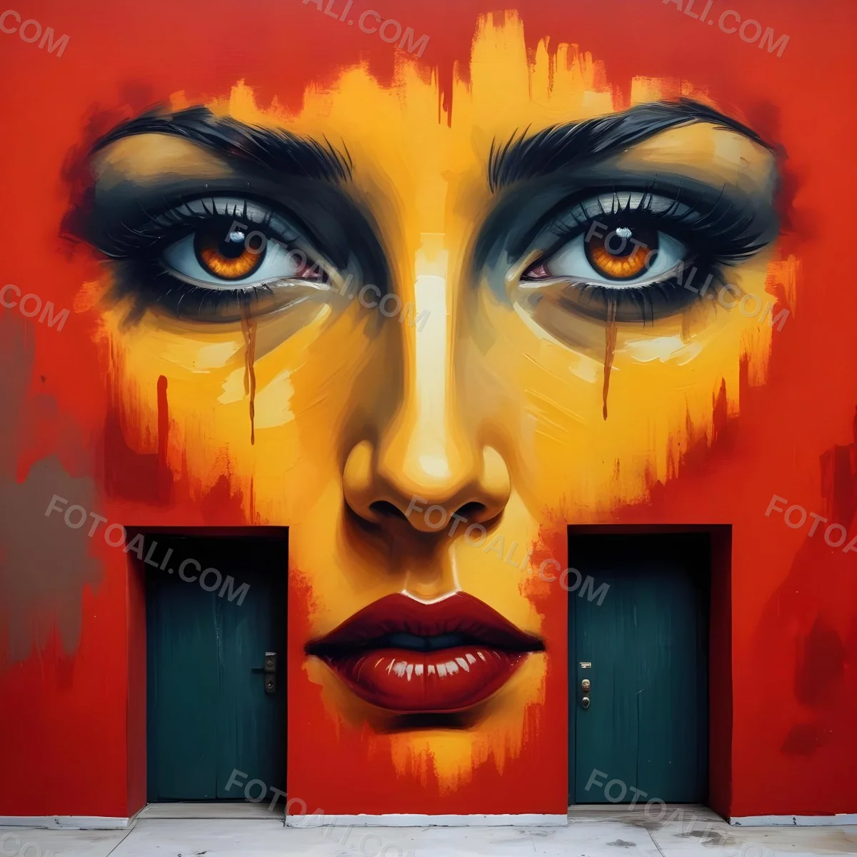 Oil Painting A Wall With A Painting Of A 30 Year Old White Woman With Brown Eyes And Dark Lips Two Doors At The Bottom Of The Wall Creative Extremely Detailed Brush Stroke 26 50a6