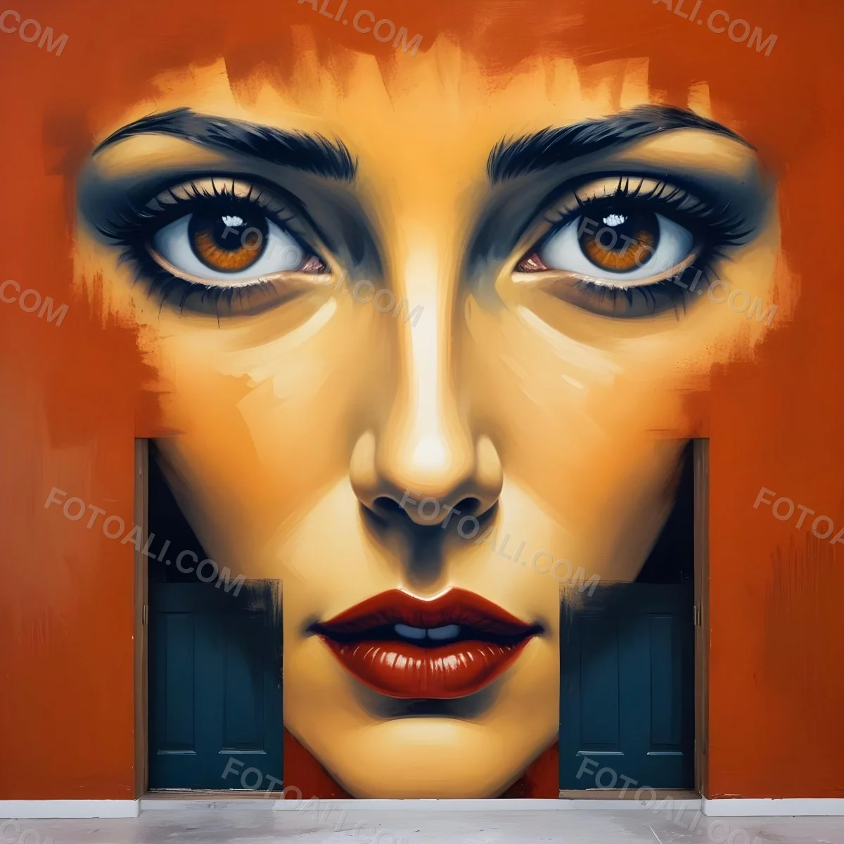 Oil Painting A Wall With A Painting Of A 30 Year Old White Woman With Brown Eyes And Dark Lips Two Doors At The Bottom Of The Wall Creative Extremely Detailed Brush Stroke 3 6aae