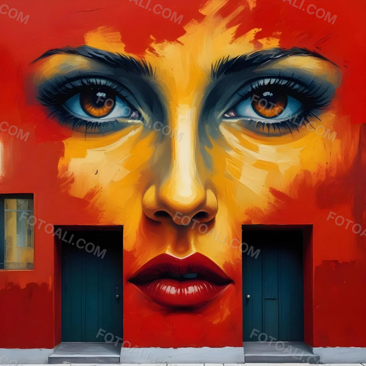 Oil Painting A Wall With A Painting Of A 30 Year Old White Woman With Brown Eyes And Dark Lips Two Doors At The Bottom Of The Wall Creative Extremely Detailed Brush Stroke 5 86b4
