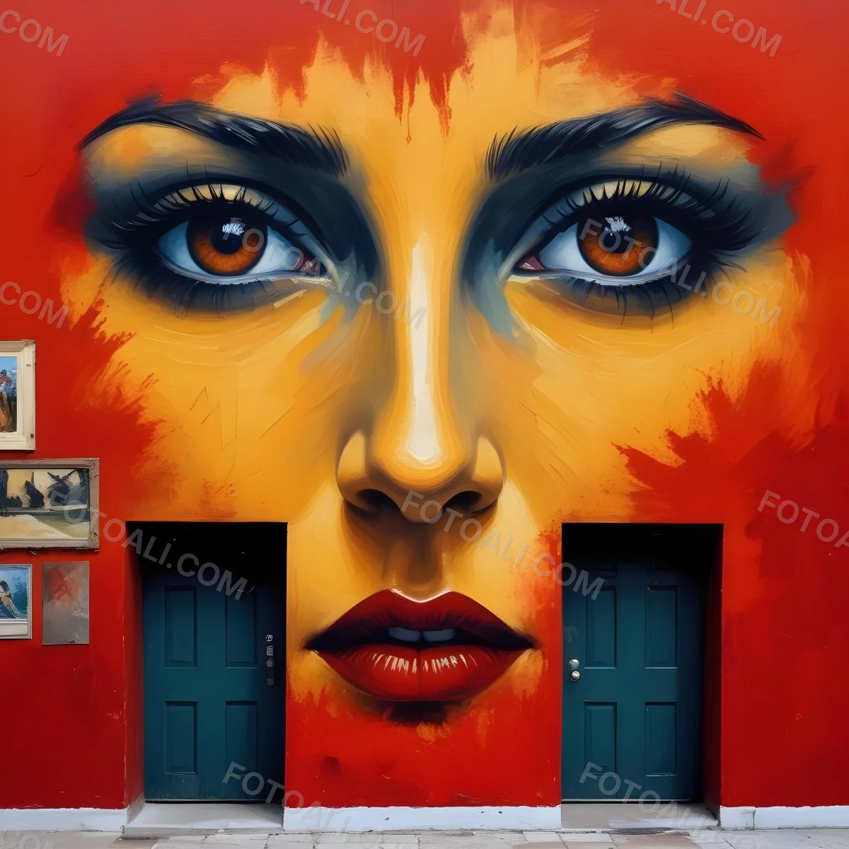 Oil Painting A Wall With A Painting Of A 30 Year Old White Woman With Brown Eyes And Dark Lips Two Doors At The Bottom Of The Wall Creative Extremely Detailed Brush Stroke 6 Bc2e